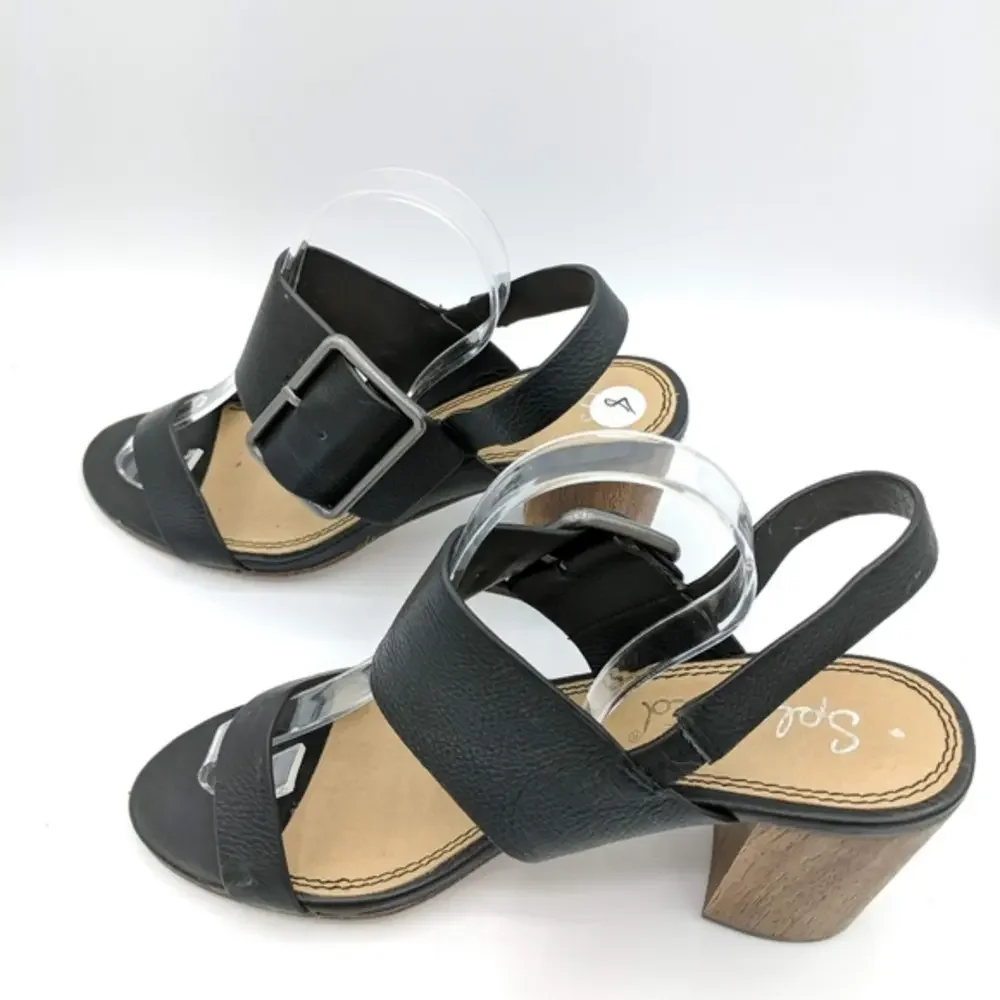 Splendid Womens Size 8 Black Wood‎ Heels Buckle Vacation Open Toe Slingback